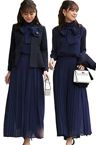 Size M_Color ネイビー×ネイビー NE ルイ ルエ ブティック ペプラム ジャケット ＆ シフォン セットアップ レディース パンツスーツ フォーマル カジュアル ママ セレモニー 大きいサイズ 3点セット プリーツ 入園式 入学式 卒業式