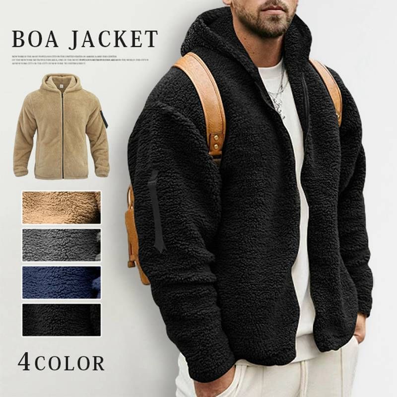 ボアジャケット メンズ 未使用 大きいサイズ  秋 冬ブルゾン 防寒  裏ボア パーカー もこもこ フード付き フリースジャケット 厚手 保温 ジャケット 両面ボア アウター トップス 暖か 長袖 ビ