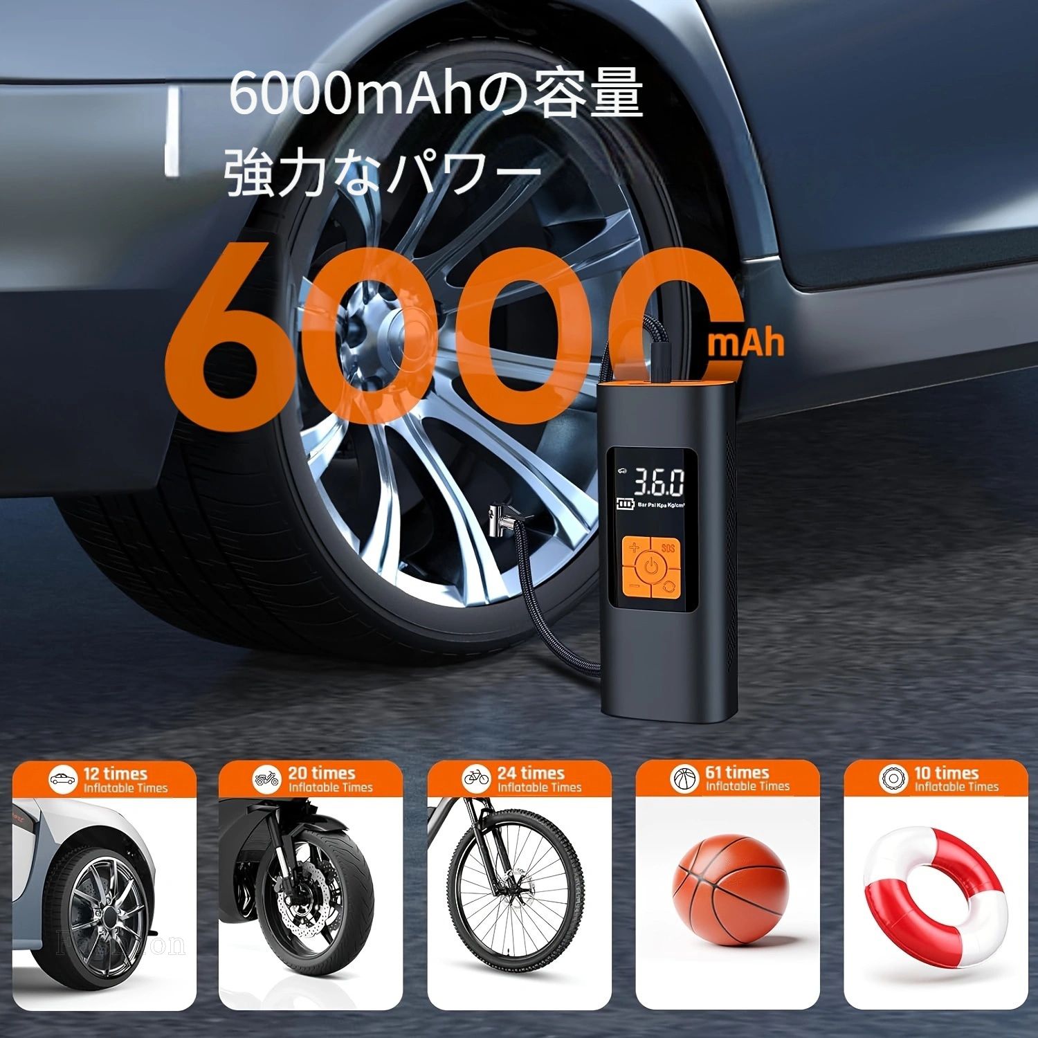 国内発送6000mAhの大容量と150PSIの充電式エアポンプミニコンプレッサーを備えた、ポータブルデジタル自転車および自動車タイヤインフレータ