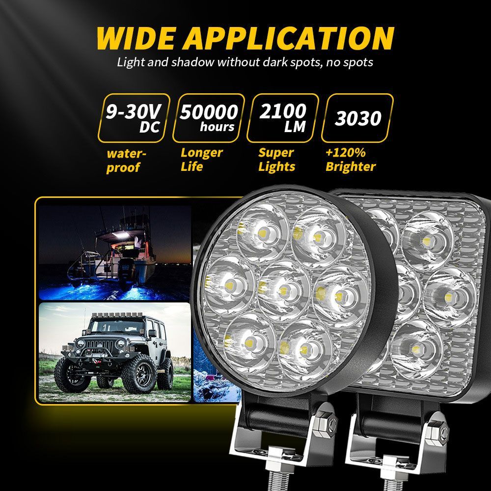 21W LED ワークライト 作業灯 ホワイト 6500K ボート トラック UTV ATV 建築機械 道路照明 工事現場 多用途 汎用 12V/24V 4個