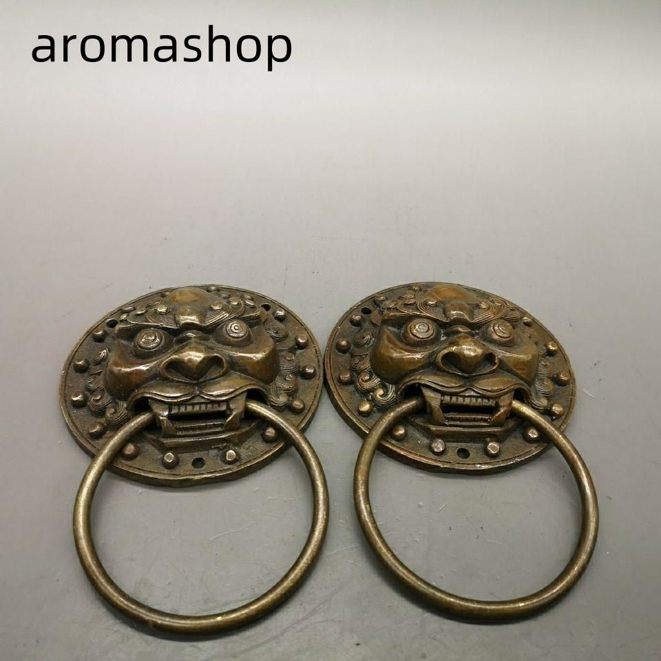 銅器 獣頭門環 獅子頭大門ノブ木戸門引環一対 装飾品 工芸品