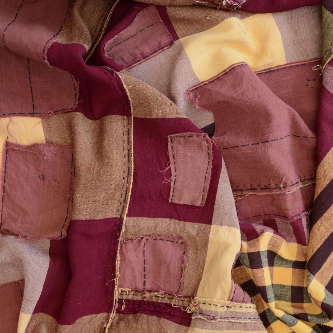 襤褸古布 布団皮 つぎはぎ 格子×無地 クレイジーパターン 昭和初期〜中期 Japanese Vintage Boro Cotton Futon Cover – Patchwork Crazy Pattern Checkered and Solid