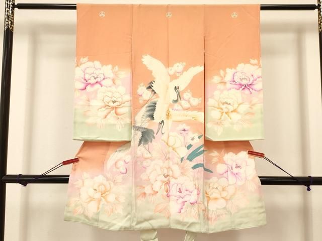 平和屋着物[]アンティーク　大正ロマン　お宮参り　女の子　祝着　産着　初着　のしめ　飛鶴牡丹文　暈し染め　逸品　DAAS9173ma