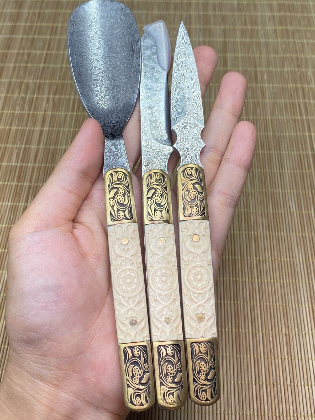天然マンモス牙美しい手作り彫刻 ダマスカス 茶葉ナイフセット