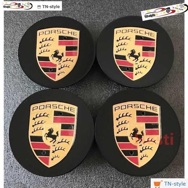 高品質 ポルシェ ホイールキャップ 76mm Porsche センターキャップ クレスト ブラックゴールド 4個セット