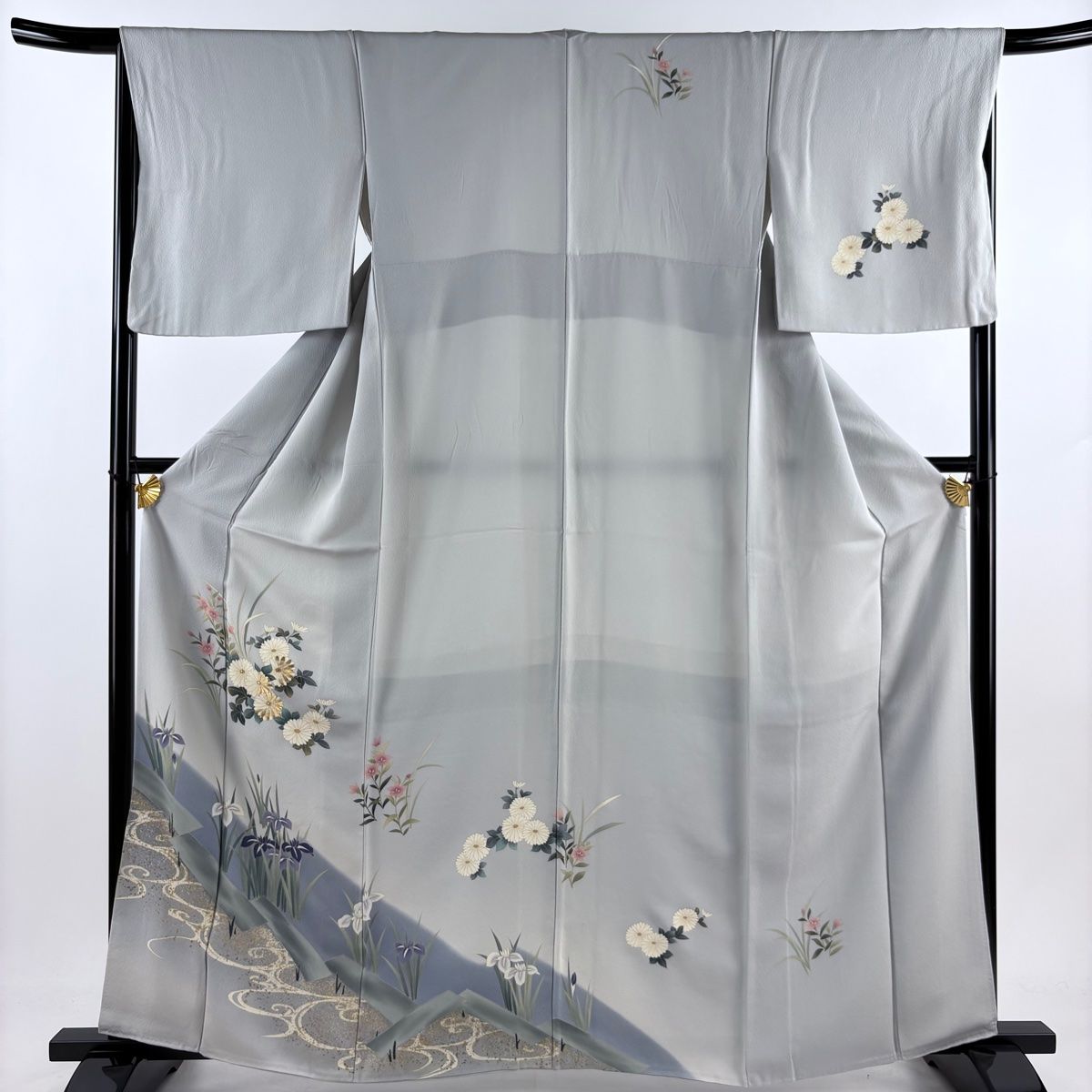 訪問着 身丈162cm 裄丈66cm M 袷 菊 菖蒲 金銀彩 金糸 青灰色 正絹 秀品
