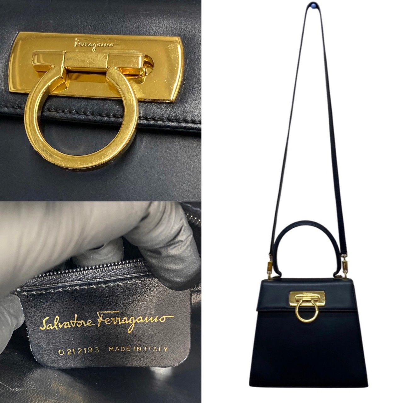 美品 Salvatore Ferragamo サルヴァトーレフェラガモ ガンチーニ 金具 レザー 2way ショルダーバッグ ハンドバッグ ネイビー 24367約8cmショルダー