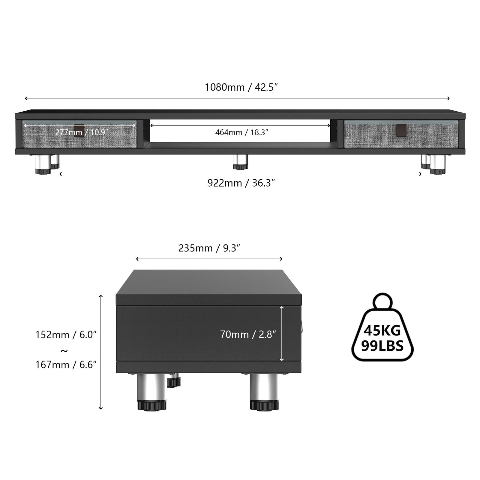 Fenge モニター台 卓上 モニタースタンド 机上台 パソコン台 机上ラック 108cm横幅 2段 木製天板 引き出し付き 高さ調整 モニタースタンド 机上台 pcモニター台 パソコンラック 卓上 収納 整理整頓 木目黒G04D2102B