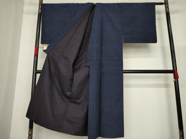 平和屋着物○男性 結城紬 アンサンブル 杢 色無地 藍鉄色 反端付き