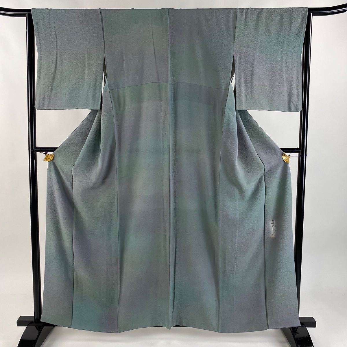 小紋 身丈159.5cm 裄丈64.5cm M 袷 斉藤三才 落款 ぼかし 縮緬 灰緑 正絹