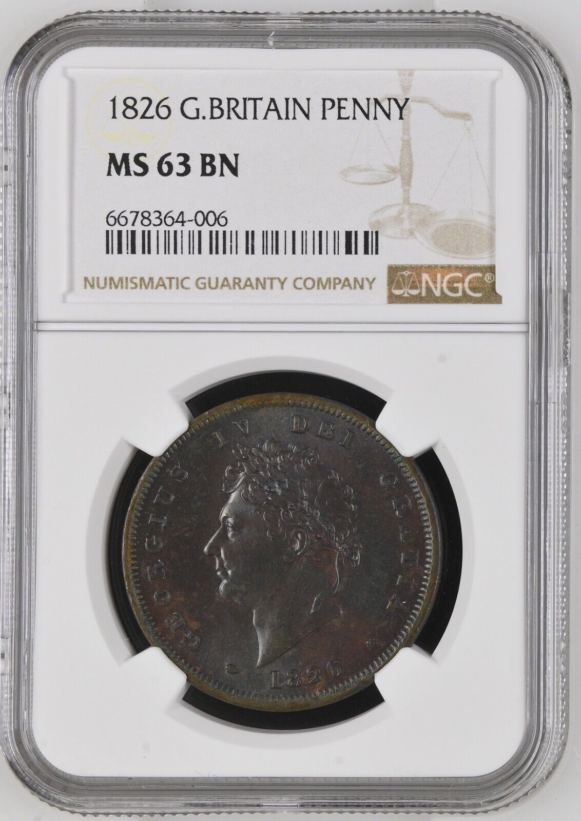 GREAT BRITAIN GEORGE IV 1826 1 PENNY COIN UNCIRCULATED CERTIFIED NGC MS63-BN