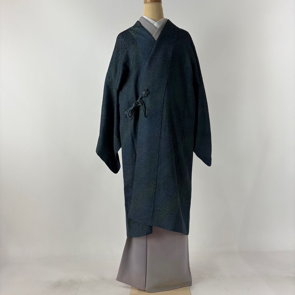 道中着 身丈109cm 裄丈64cm M 和装コート 幾何学 青緑 正絹