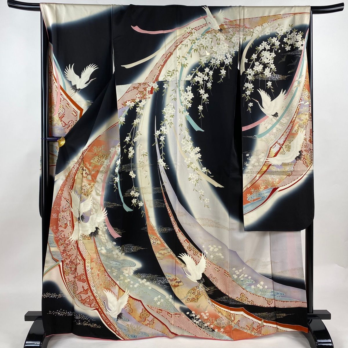 振袖 身丈166.5cm 裄丈68cm L 袷 鶴 草花 刺繍 金銀彩 黒 正絹