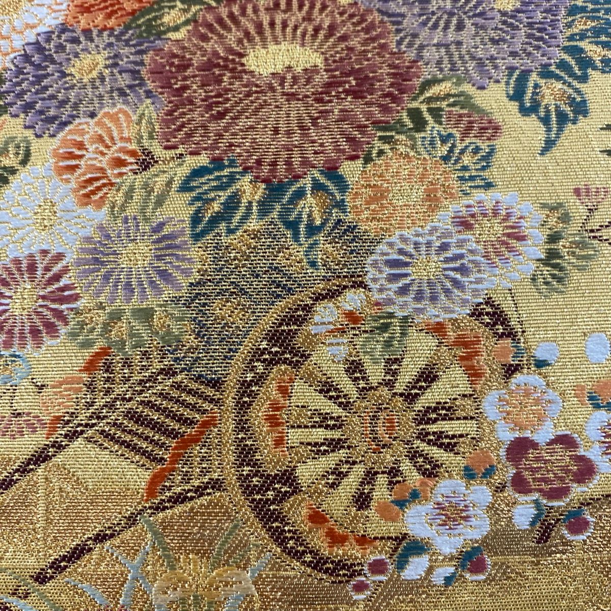 袋帯 美品 秀品 絢爛花車文 松竹梅 金糸 箔 金色 六通 正絹