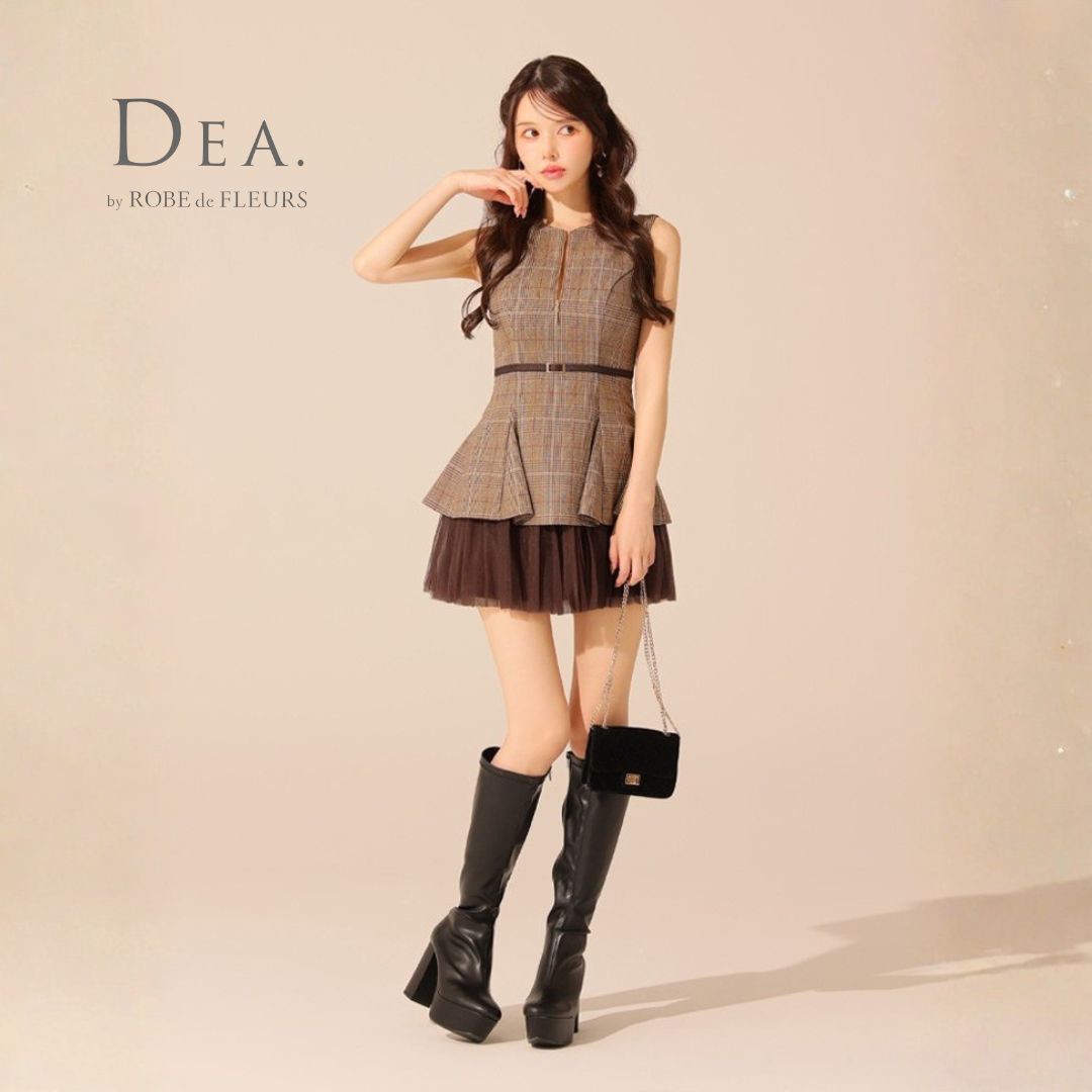 チェックノースリーブベルトデザインチュールミニキャバドレス Brown