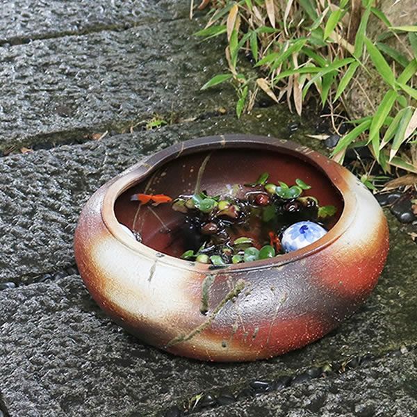 信楽焼 陶器 水鉢 メダカ鉢 金魚鉢 睡蓮鉢 13号火色水鉢 su-0238