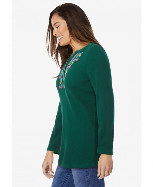送料無料 ウーマン ウィズイン レディース シャツ トップス Plus Size Within Embroidered Thermal Henley Tee Emerald green vine embroidery