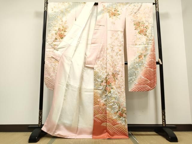 金彩友禅扇面に桐模様振袖　単品 平和屋着物○豪華振袖 扇面飛鶴花文 暈し染め 金彩 正絹 逸品