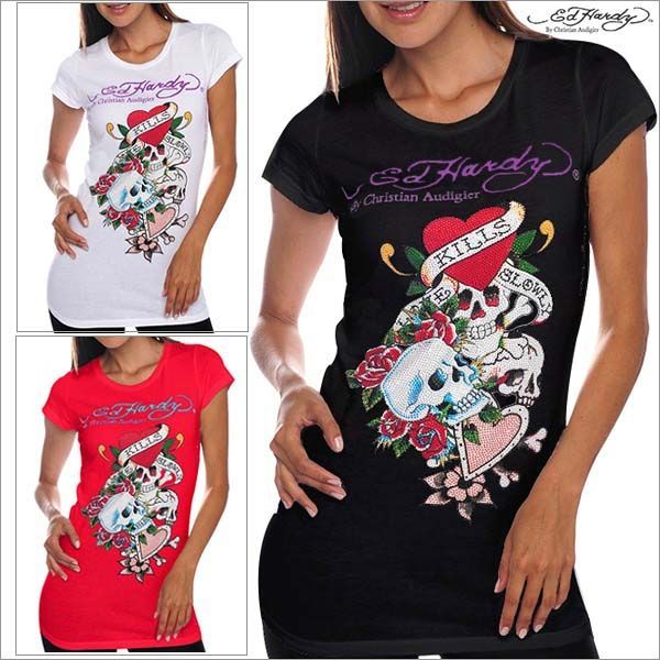 Ed Hardy　エドハーディー　レディース トリプル スカル 半袖 Tシャツ