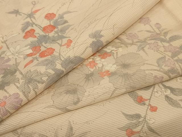 平和屋着物＊夏物 小紋 絽 手描き 草花文 正絹 AABB2590jd