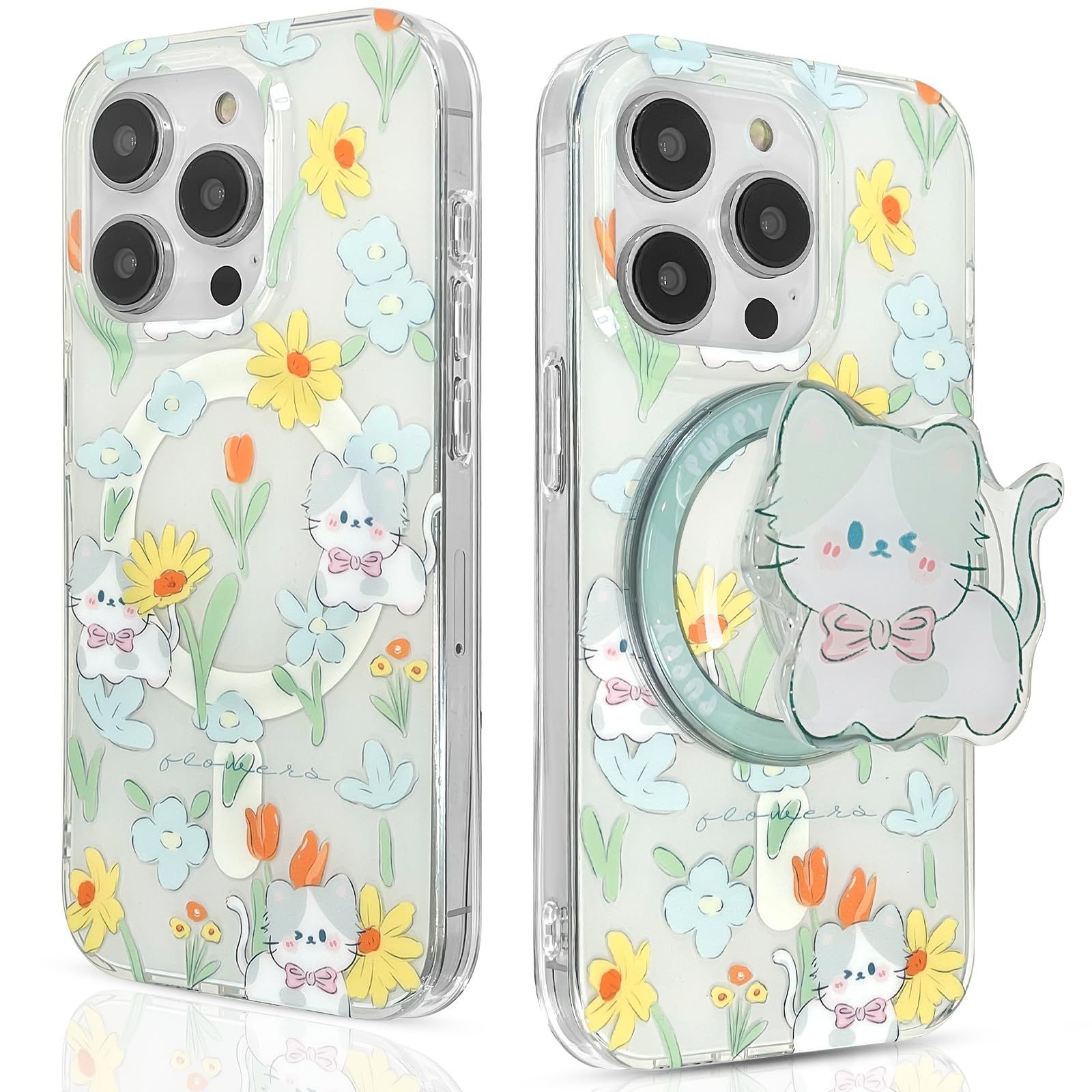 XORITD iPhone 15 Pro 用 ケース MagSafe対応 ブラケット 猫 花の柄 スマホグリップ スタンド機能 かわいい 可愛い 猫型ブラケット 韓国 耐衝撃 落下防止 ワイヤレス充電対応 薄型 ソフト 軽量 すり傷