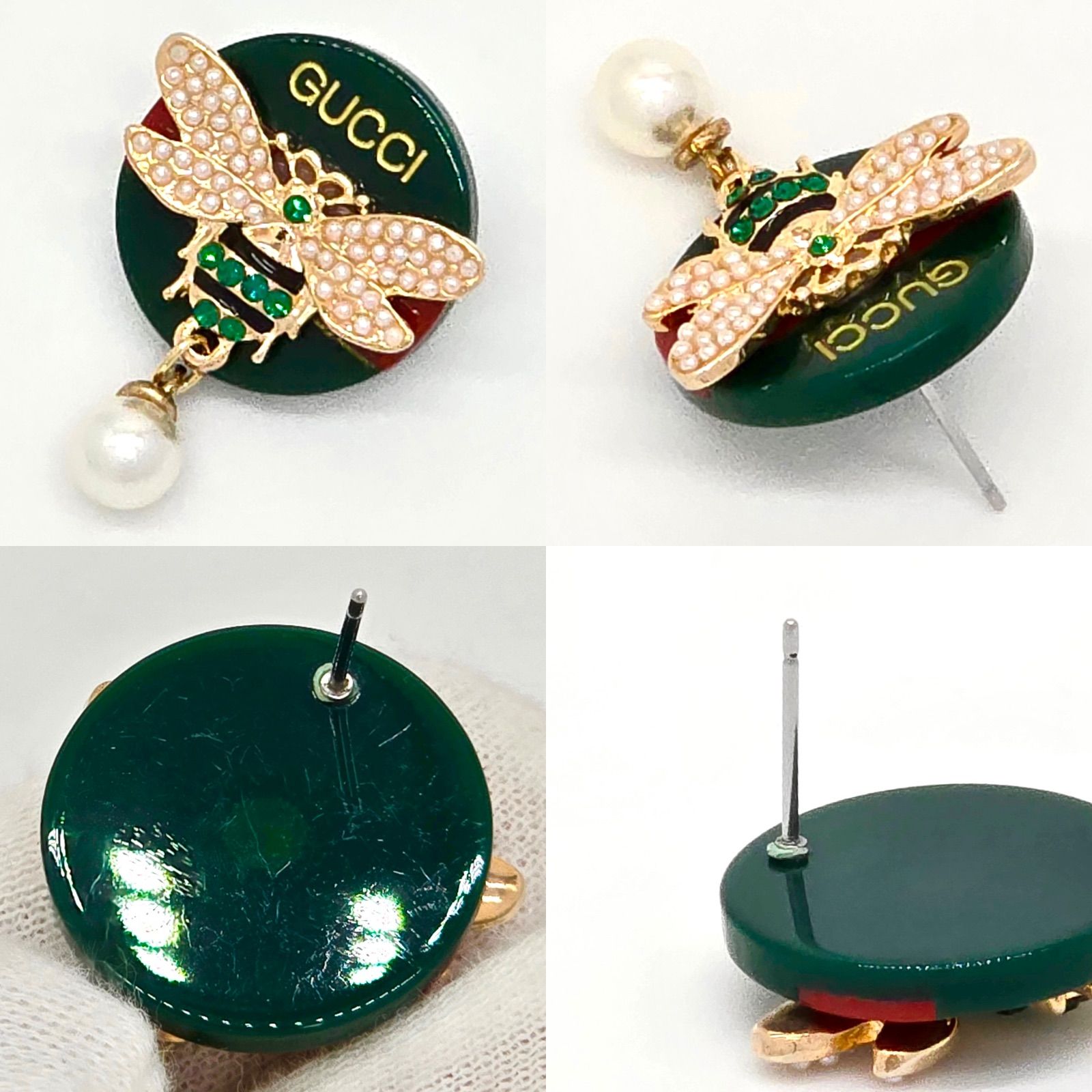 GUCCI グッチ ビー・ピアス 両耳 ラウンドプレート パール