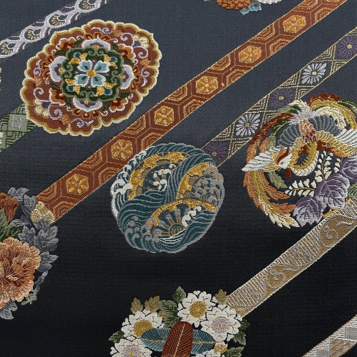 袋帯 秀品 菊 鳥 刺繍 箔 青灰色 六通 正絹 【中古】 袋帯 美品