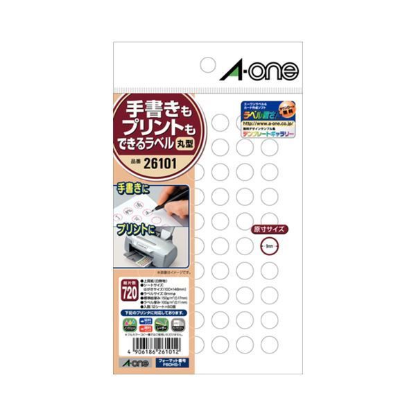 （まとめ） エーワン 手書きもプリントもできるラベルはがきサイズ 丸型60面 9mmφ 26101 1冊（12シート） 