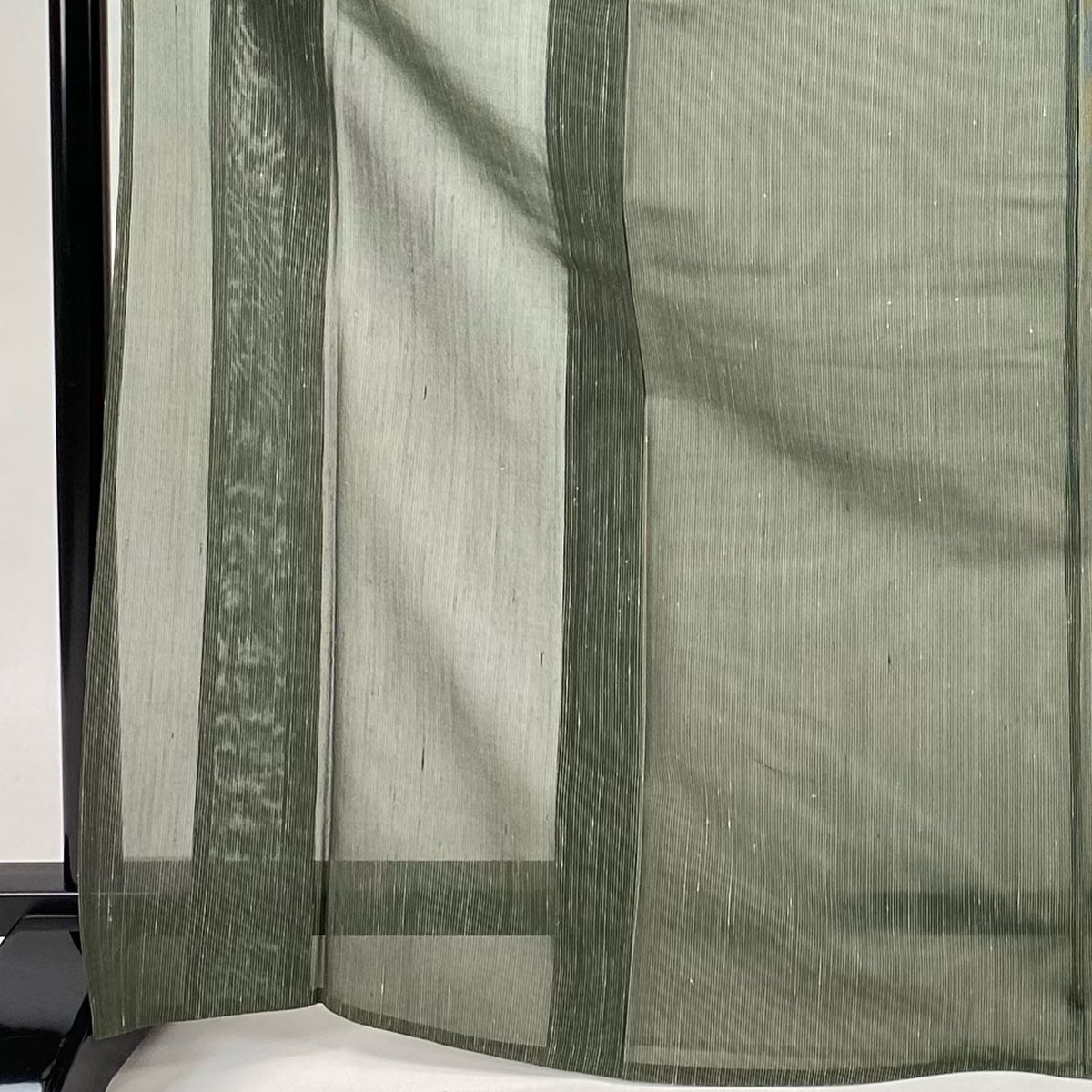 塩沢紬 身丈172cm 裄丈65.5cm M 薄物 夏塩沢 夏紬 証紙 縦縞模様 深緑  