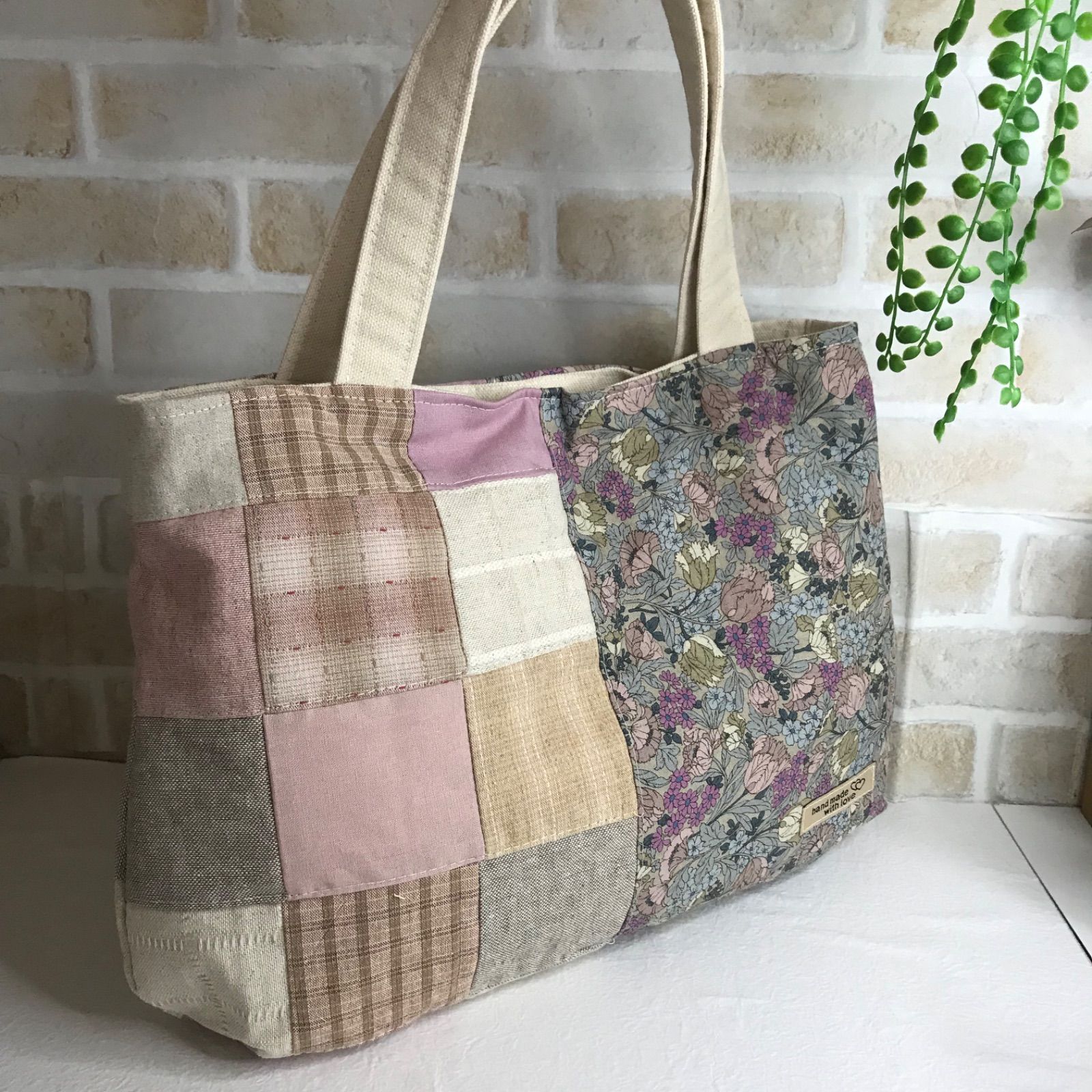 トートバッグ ハンドメイド くすみピンク系パッチワーク - メルカリ