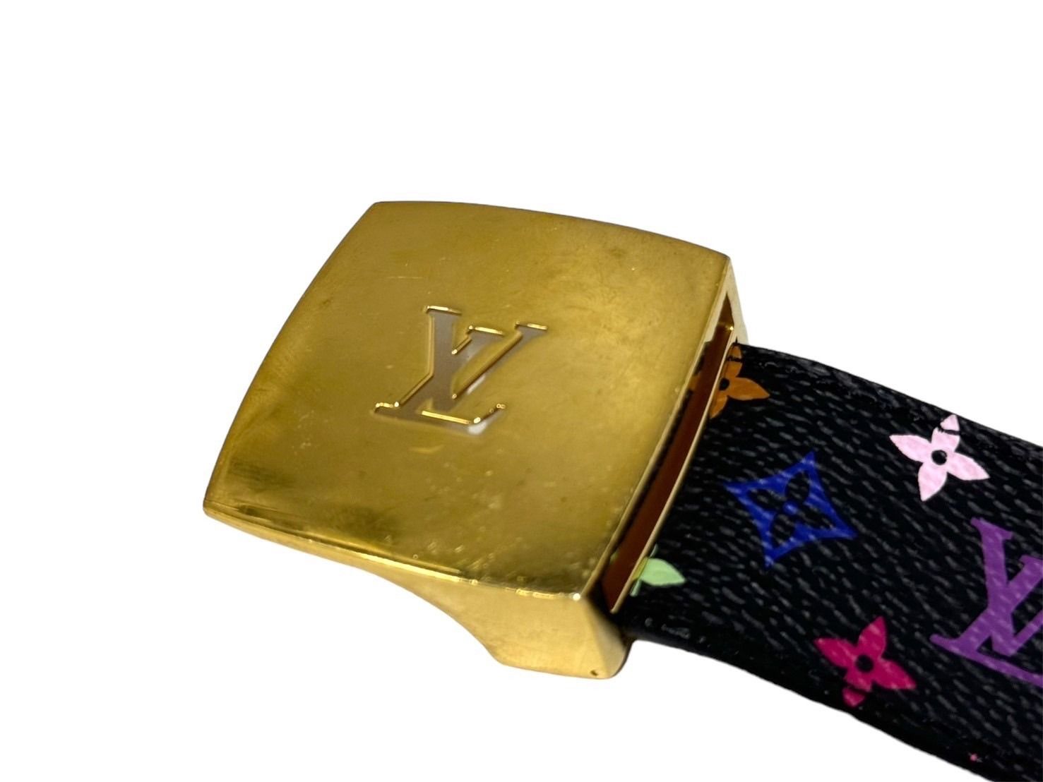 LOUIS VUITTON ルイヴィトン モノグラムマルチカラー サンチュール キャレ ベルト Ｍ6890 ブラック PVC ロゴ 村上隆 小物 85/34 美品 中古 65738