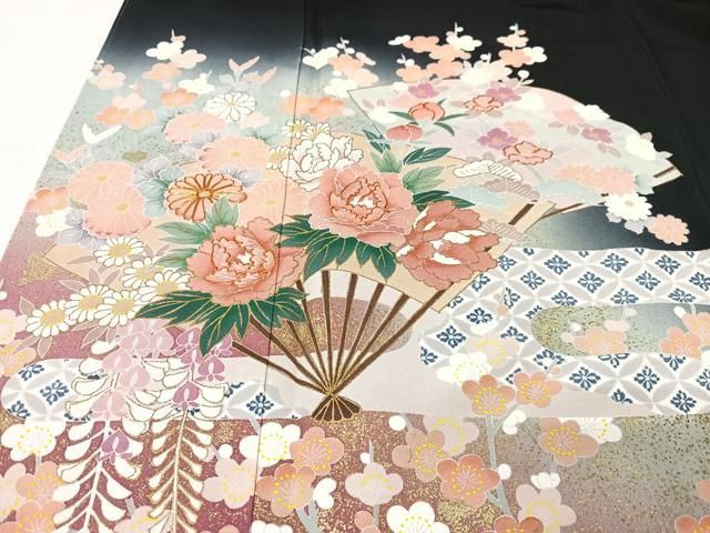 平和屋着物□豪華黒留袖 作家物 扇面吉祥花文 藤花房 暈し染め