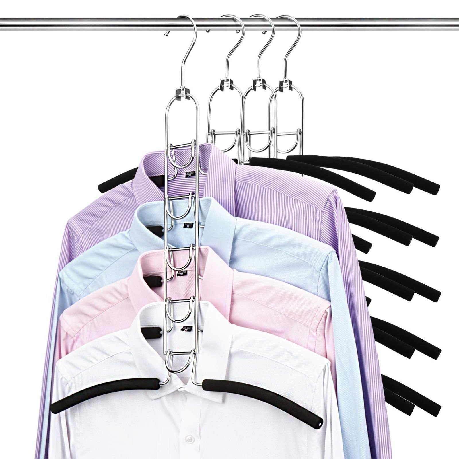 Color 4本組 Hangerspace ハンガー かたくずれ防止 滑らない洋服収納 ステンレス 省スペース ワイシャツ Tシャツハンガー ハンガー 収納 クローゼット 収納 5段 着脱式 360°回転 4本組