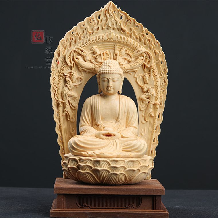修縁堂】最高級 木彫仏像 娑婆三聖座像 彫刻 一刀彫 天然木檜材 仏教 