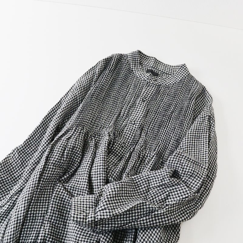 美品【ソイル】ロングワンピース　ウール　リネン　バンドカラー　黒白チェック　2 ◇上品なチェック柄！バンドカラー ワンピース（マキシ・ロング