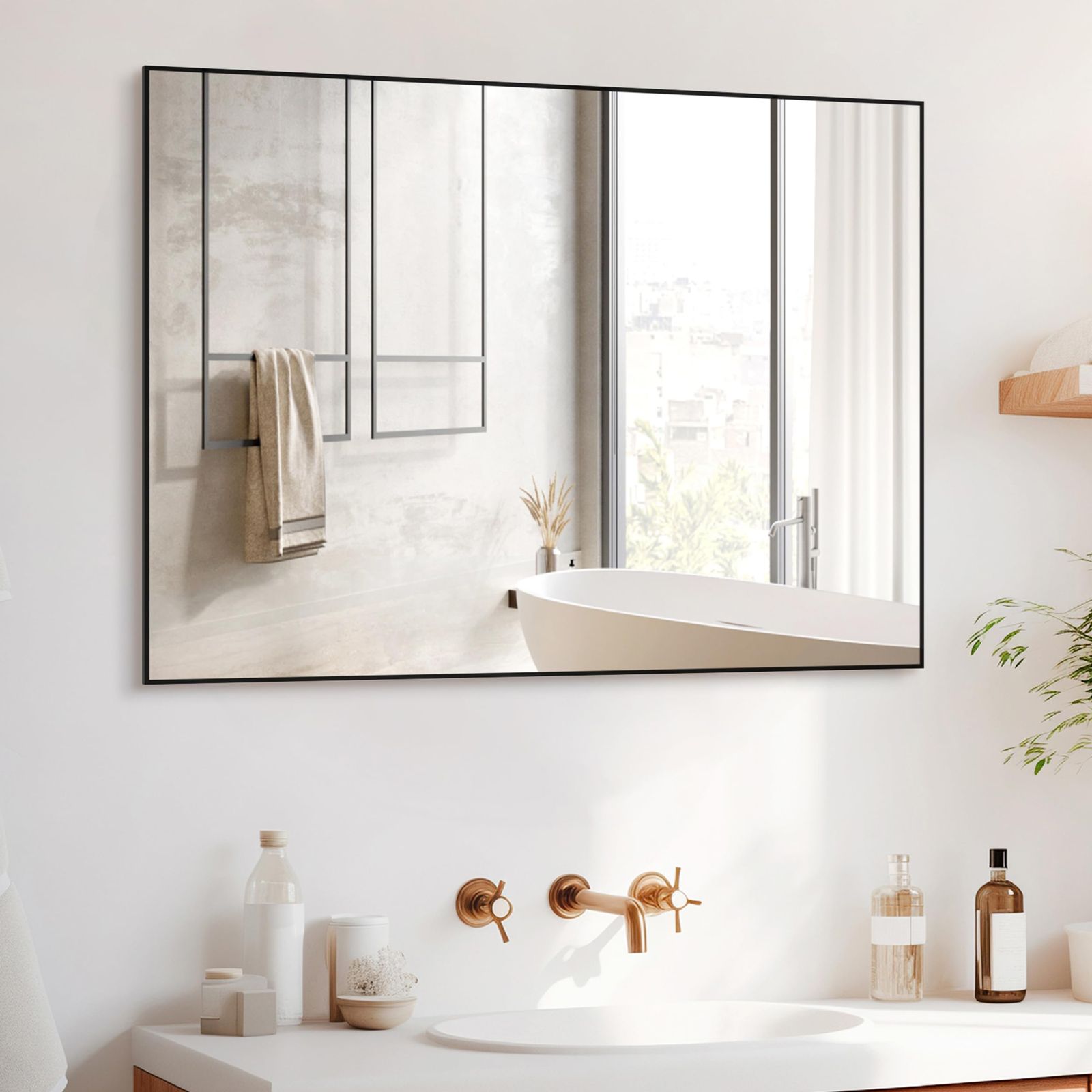 ANYHI 浴室の 玄関 の寝室のための長方形の壁ミラー 90.5 x 65 cm 黒い金属によって組み立てられるミラー 壁に取り付けられた横の|縦の壁のための現代黒い浴室鏡