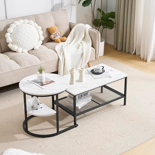 ネストテーブル 2点セット 入れ子式 1台3役 収納付き ホワイト ブラック脚 OSJ 丸 センターテーブル 大理石調 北欧 長方形 広がる オーエスジェイ OSJ テーブル ローテーブル サイドテーブル 2個セット コンパクト リビングテーブ