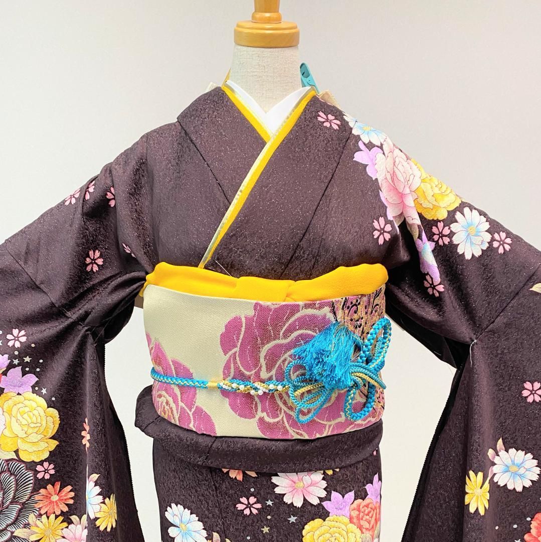 新品・一式セット】振袖 未使用 ブラウン グラデーション バラ 成人式 