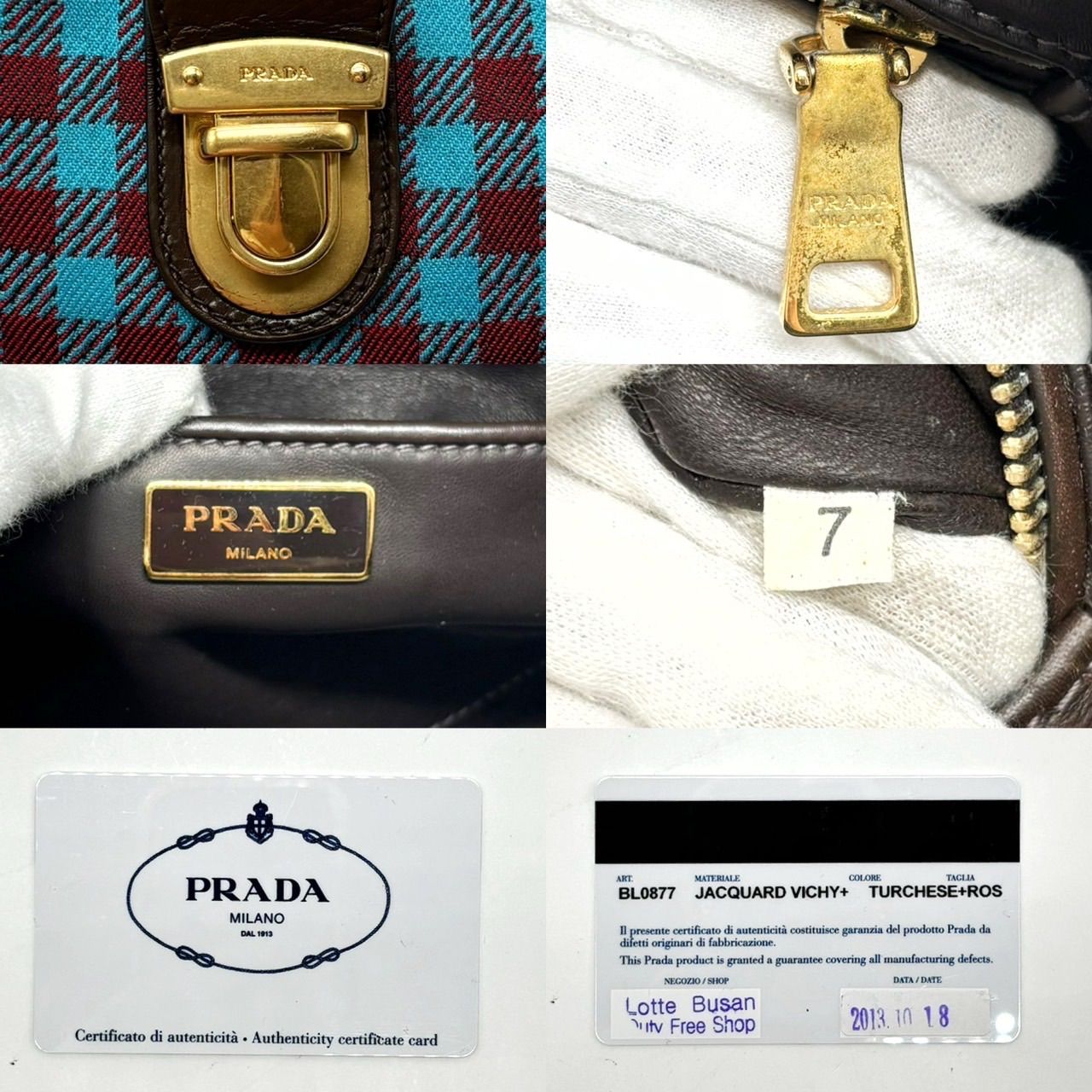 ✨紗栄子さん着用✨ PRADA プラダ ボーリングバッグ トートバッグ ハンドバッグ ギンガムチェック 三角ロゴプレート トライアングル ゴールド金具  ロゴ型押し ギャランティーカード 白タグ キャンバス レザー レディース ライトブルー 水色 ブラウン 茶色 - メルカリ