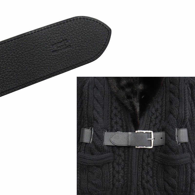 美品 エルメス HERMES カシミヤ アルパカ ベルト付 ニット ジャケット ブルゾン カーディガン ミンクファー Hロゴ レザートリム 38▽12 美品 エルメス HERMES カシミヤ アルパカ ベルト付 ニット