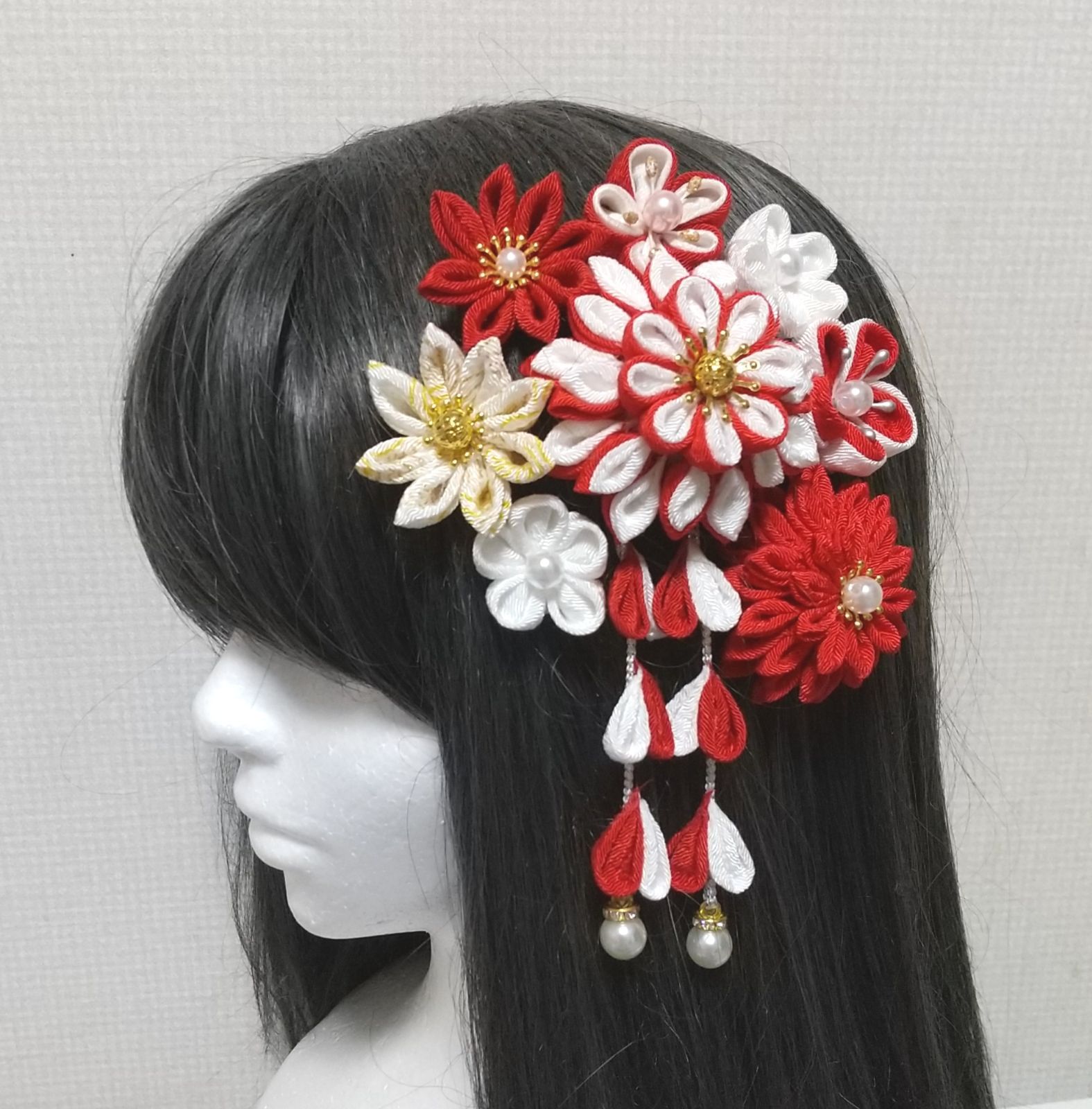 赤白　和装髪飾り　成人式髪飾り　着物髪飾り　振袖髪飾り　花嫁髪飾り　結婚式髪飾り カラー変更OK】レッド&ホワイト 紅白 和装 振袖 髪飾り 成人式