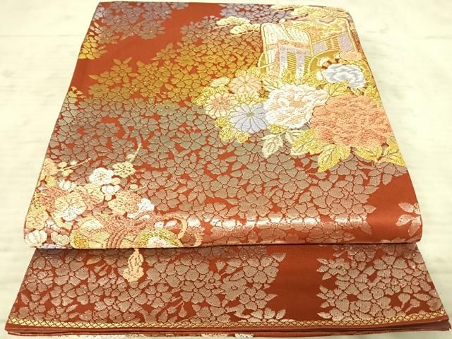 平和屋着物◎六通柄袋帯 御所車花文 金糸 正絹 逸品 AAAY8589yx