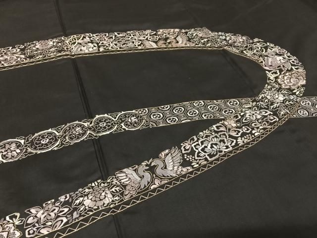 平和屋着物○本場大島紬 訪問着 駒刺繍 蔓帯双鳥花文 黒地 正絹 逸品