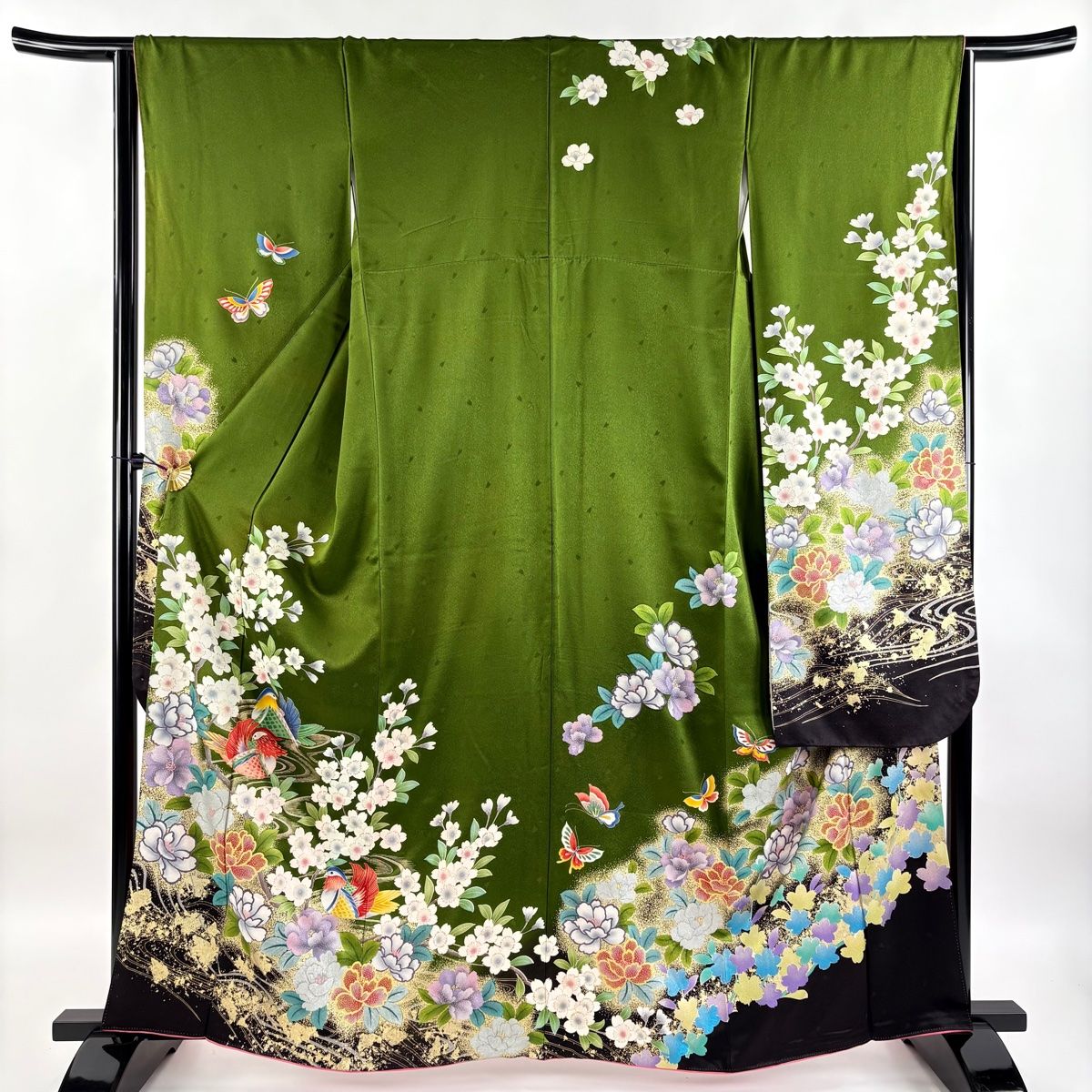 すぅ美品　桜　抹茶色　振袖　正絹 振袖 身丈166cm 裄丈71.5cm L 袷 鈴 桜 銀彩 ぼかし 青緑