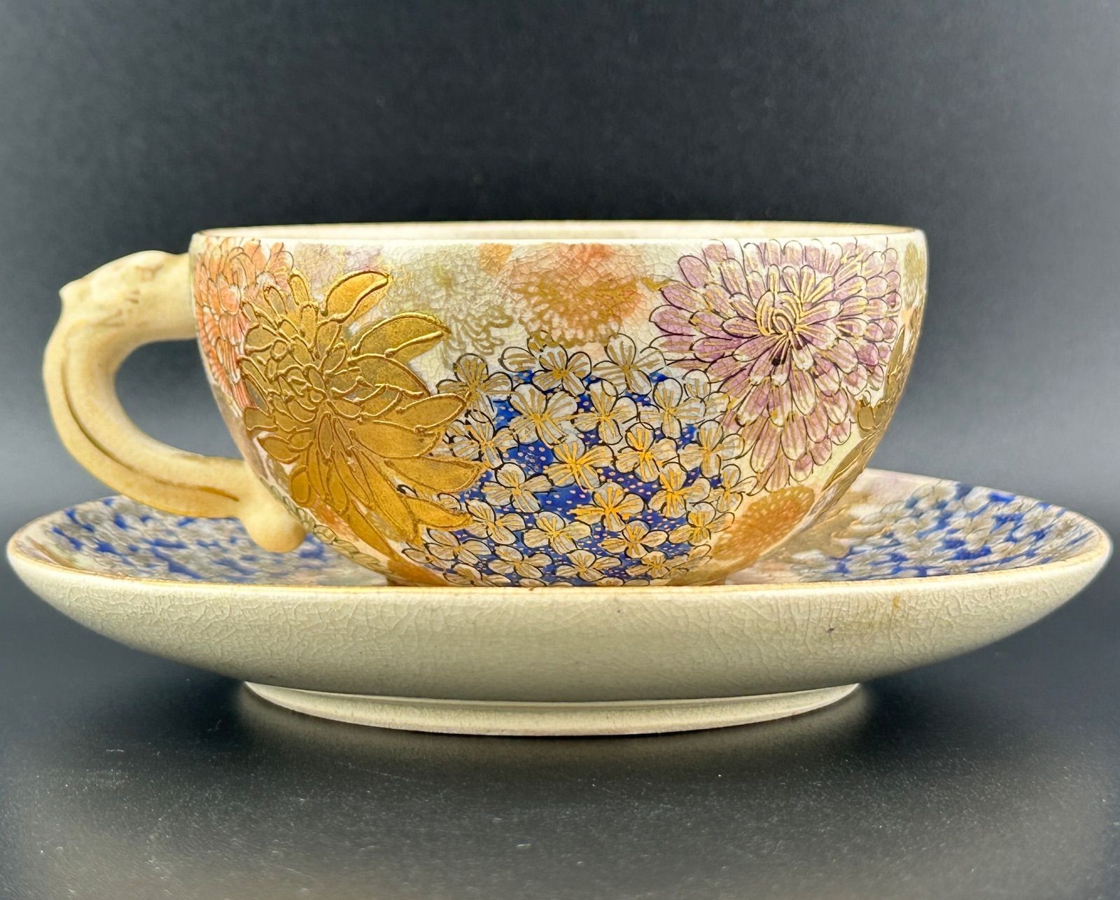 希少】明治期 京薩摩 薩摩焼 カップ＆ソーサー 金光山銘入り 百花繚乱