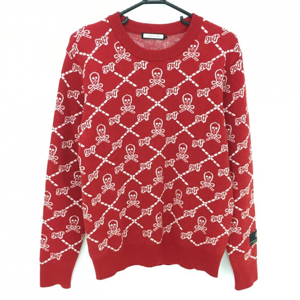 価格 超 マークアンドロナ セーター レッド×白 スカル総柄 ウール混 ニット メンズ 46 M ゴルフウェア MARK＆LONA