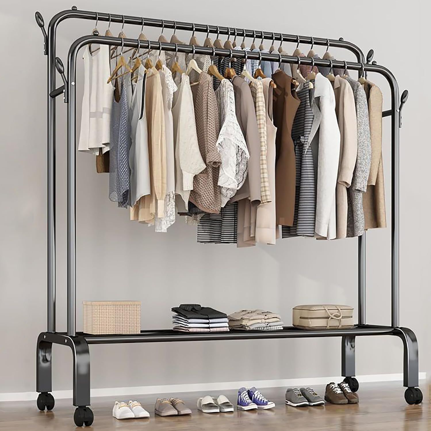 納期2週間 YAMAAIYI ハンガーラック スリム 頑丈 洋服ラック 2段 服かけスタンド パイプハンガー 衣類ラック 棚付き おしゃれ 衣架立式 シンプル キャスター付き 幅150cm 2段-単層