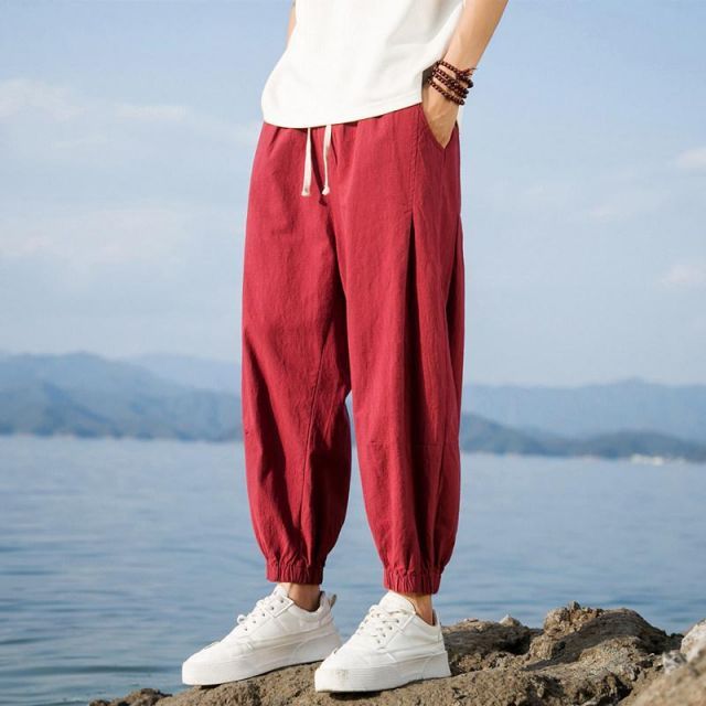 超激得，正規品 種類59：L/J：ダークブルー 赤 メンズ ファッション 服 男性用 オシャレ シンプル 大人 かっこいい 大きいサイズ ストリート 紳士服 夏 薄手 通気性 クロップド パンツ 綿 リネン レトロ パン その他