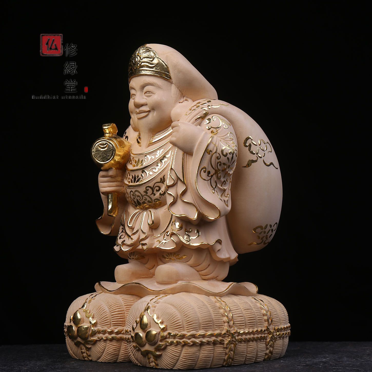 珍品 木彫仏像 七福神三面大黒天立像 彫刻 彩繪 本金 切金 総柘植材