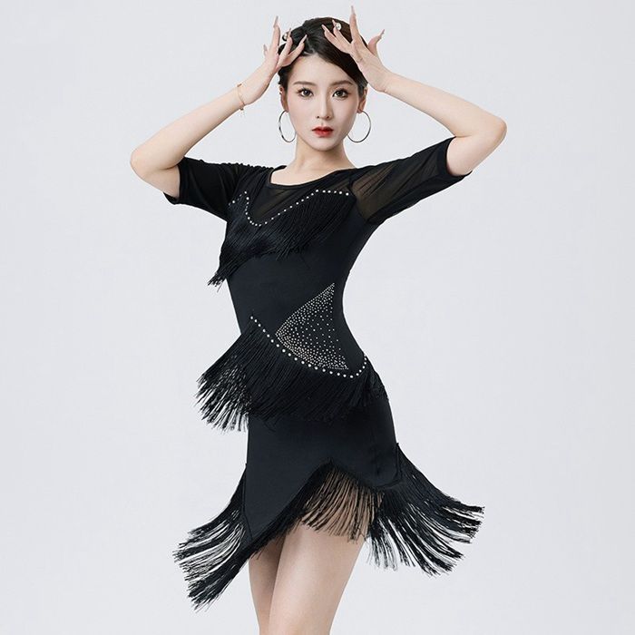 ストーン付きラテン練習着★かっこいいワンピース✨ レディース ラテン ダンス ワンピース 半袖 ショート丈 ラテン